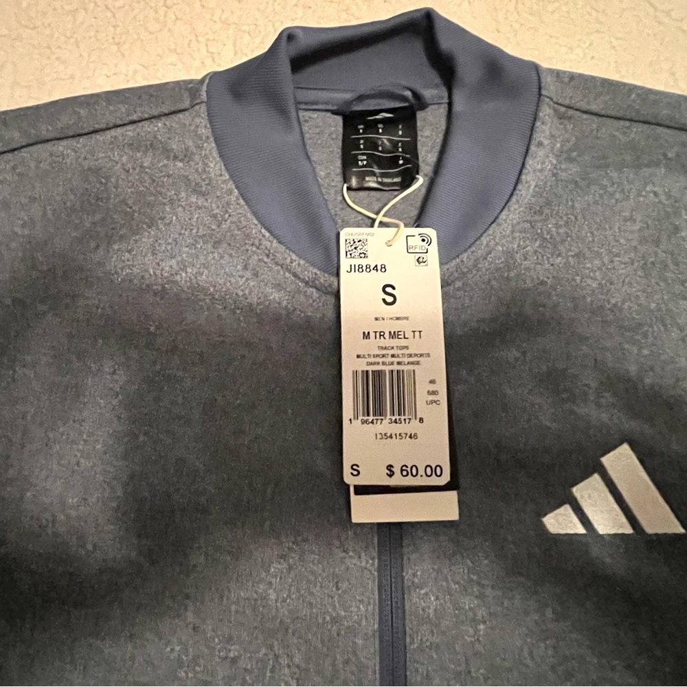 adidas Heathered Dark Gray Full-Zip Track Jacket with Navy Trim